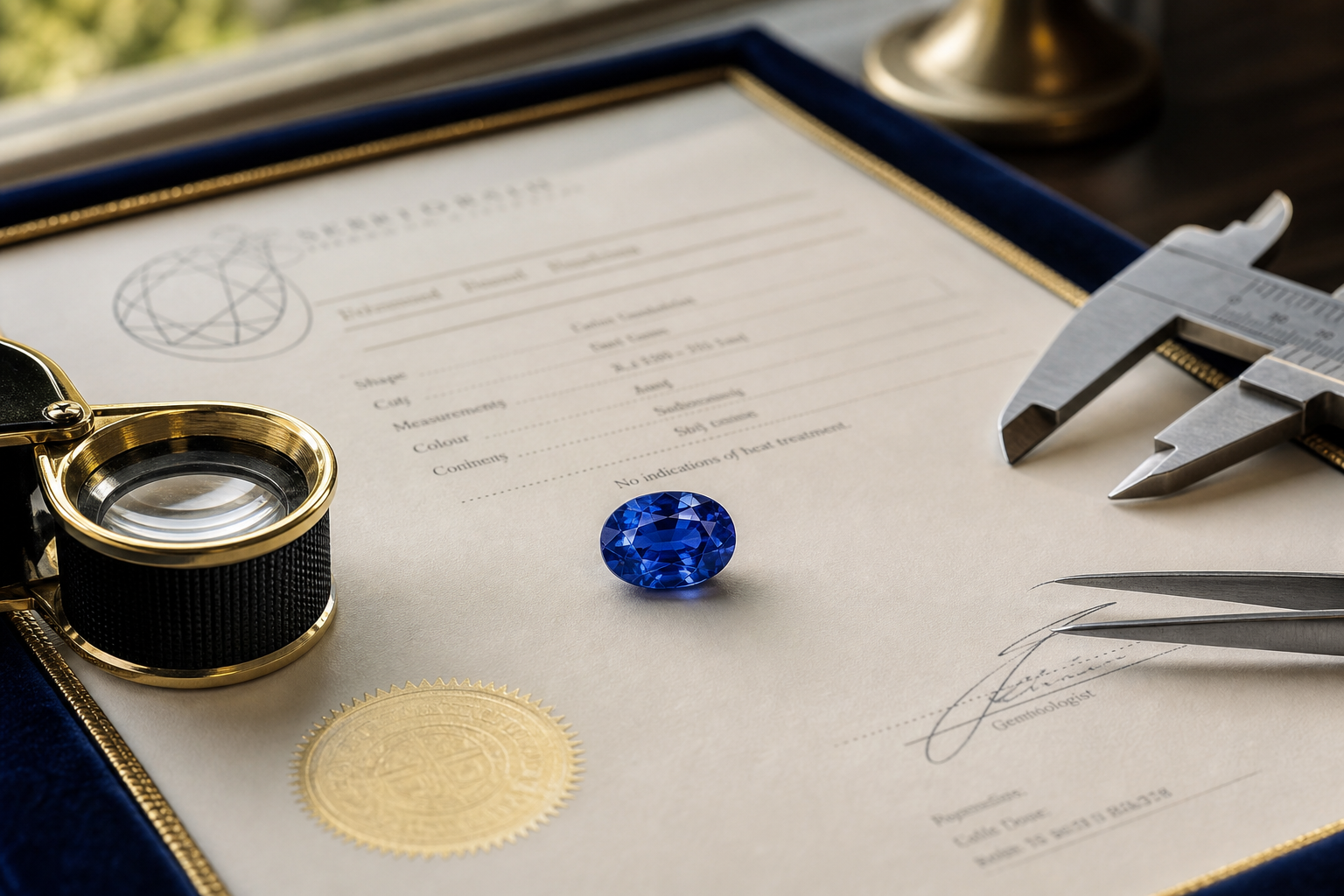 Blue sapphire examined beside a gemmological report and instruments