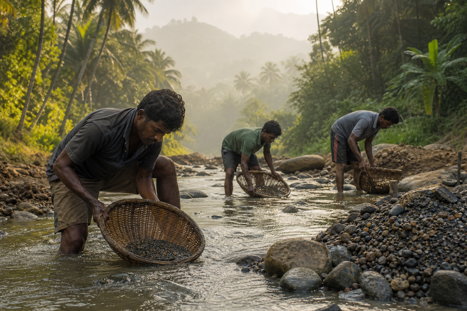 Traditional gem mining in a Sri Lankan river