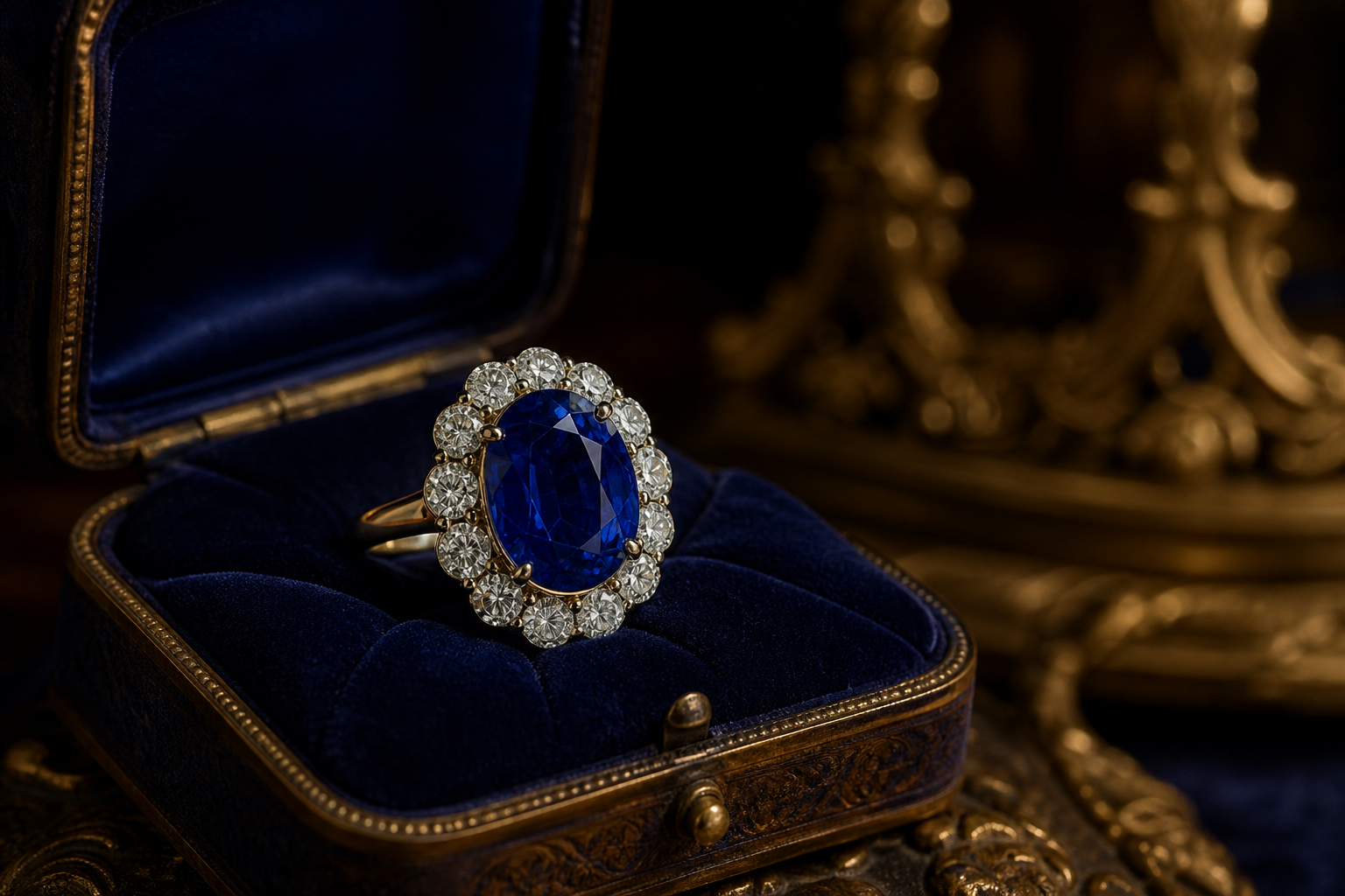 Editorial sapphire and diamond halo ring on royal blue velvet