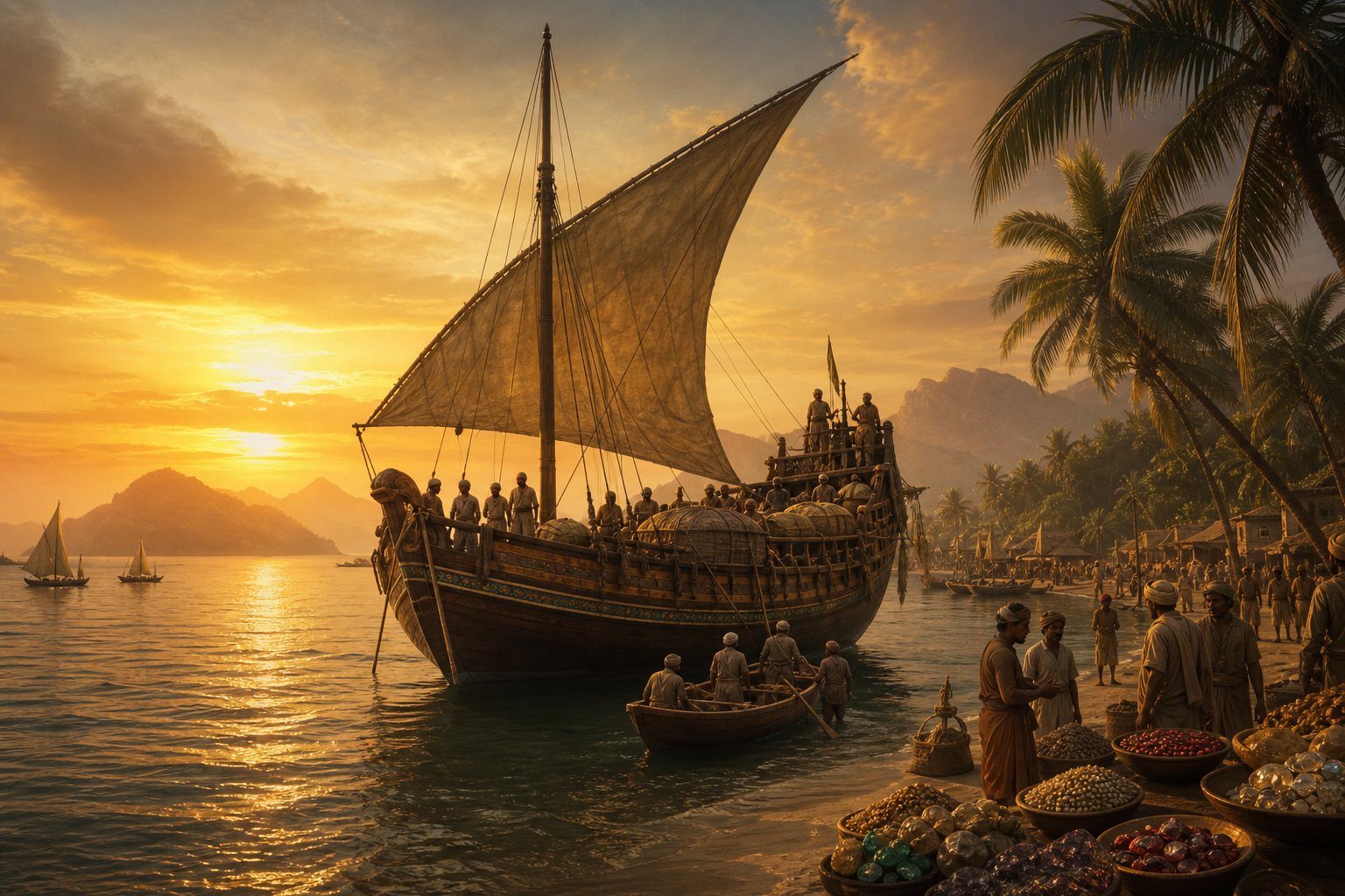 Illustrative scene of an ancient trading dhow off the coast of Serendib at sunset