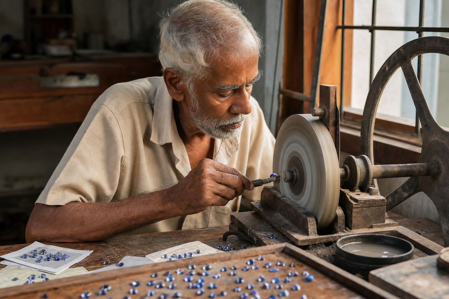 Sri Lankan master cutter faceting a blue sapphire at a traditional cutting wheel