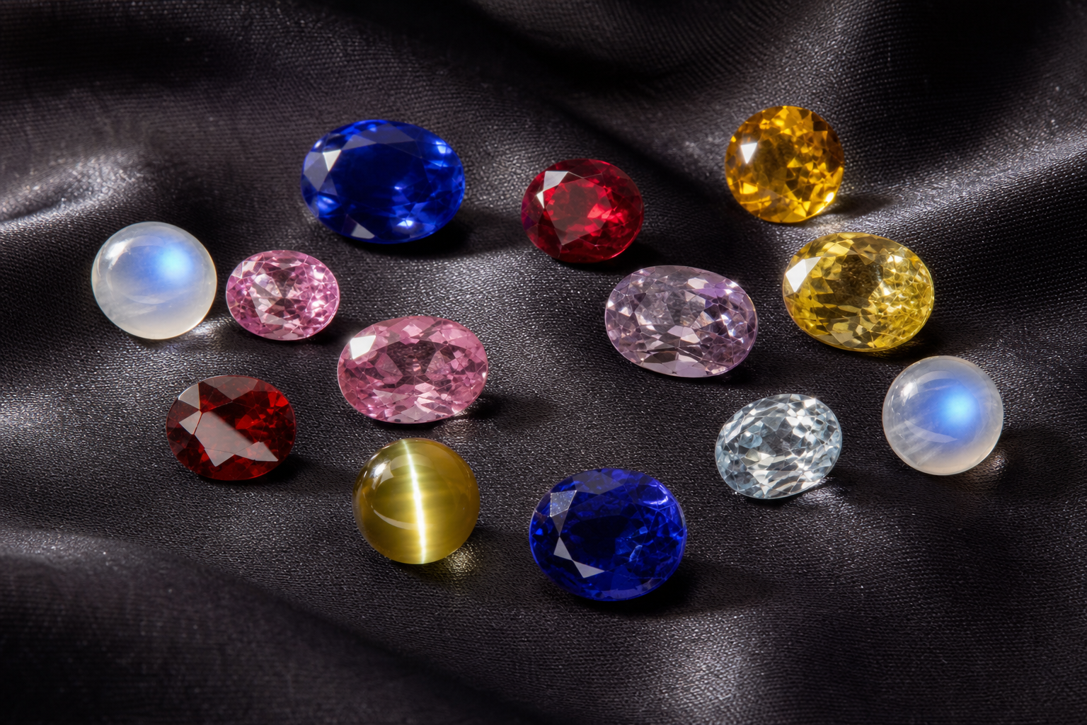 Loose faceted Ceylon gemstones — sapphires, ruby, cat’s-eye chrysoberyl, spinel, zircon, garnet and moonstone — on dark silk