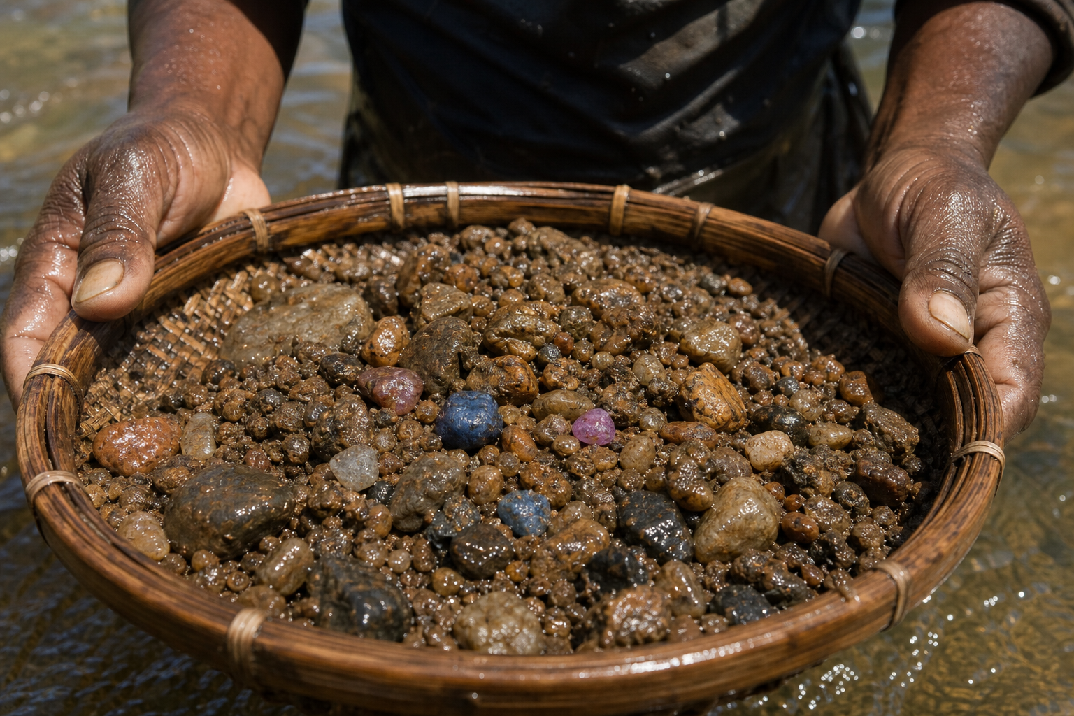 Hands holding a woven basket of wet gem-bearing illam gravel with rough sapphires