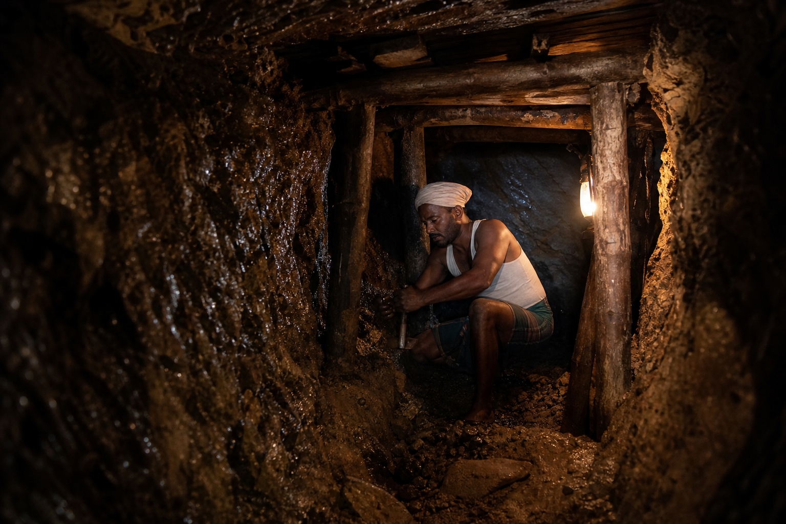 Miner working inside a timber-supported Sri Lankan gem pit by lantern light