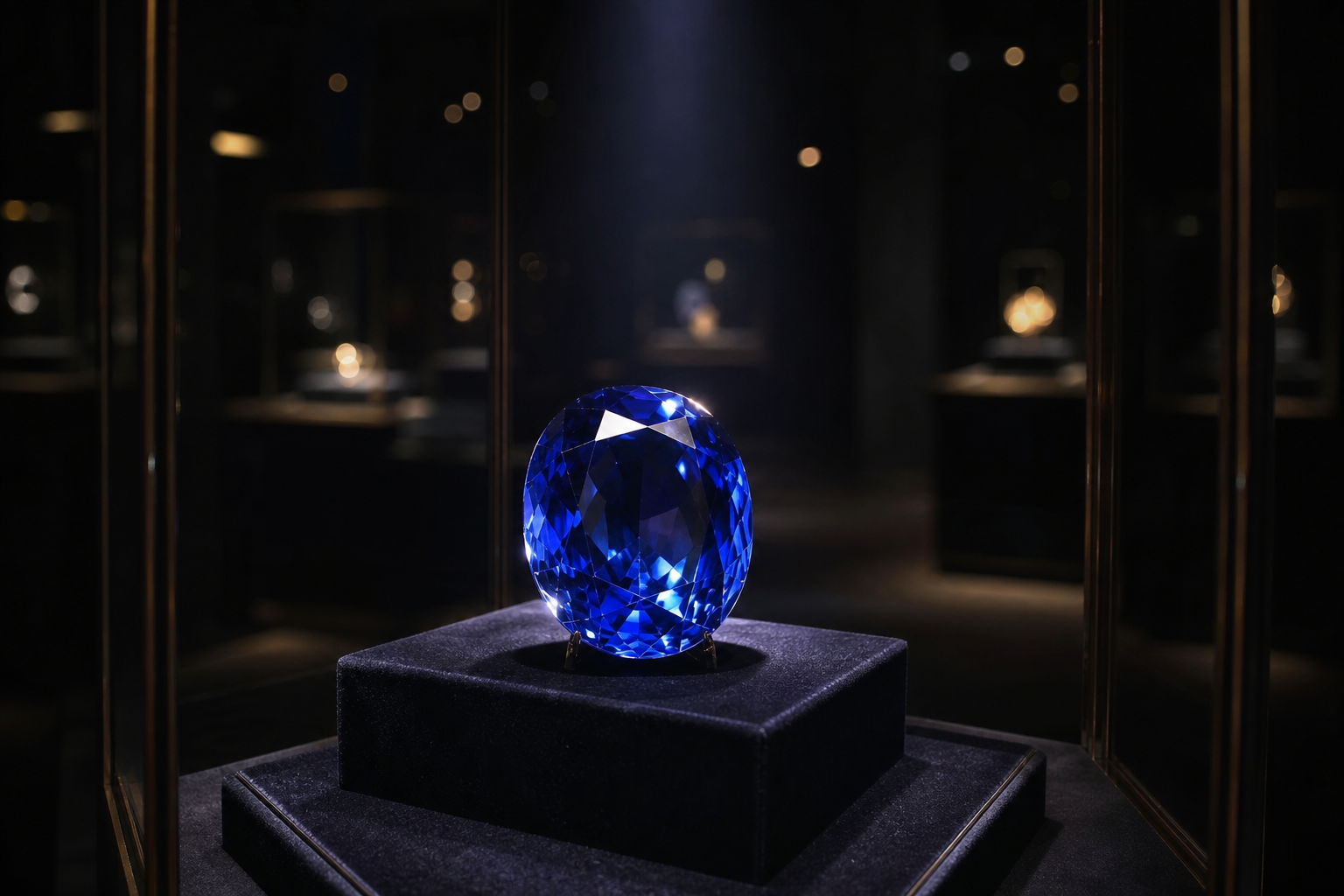 Large faceted royal-blue sapphire displayed on a velvet pedestal in a museum gallery
