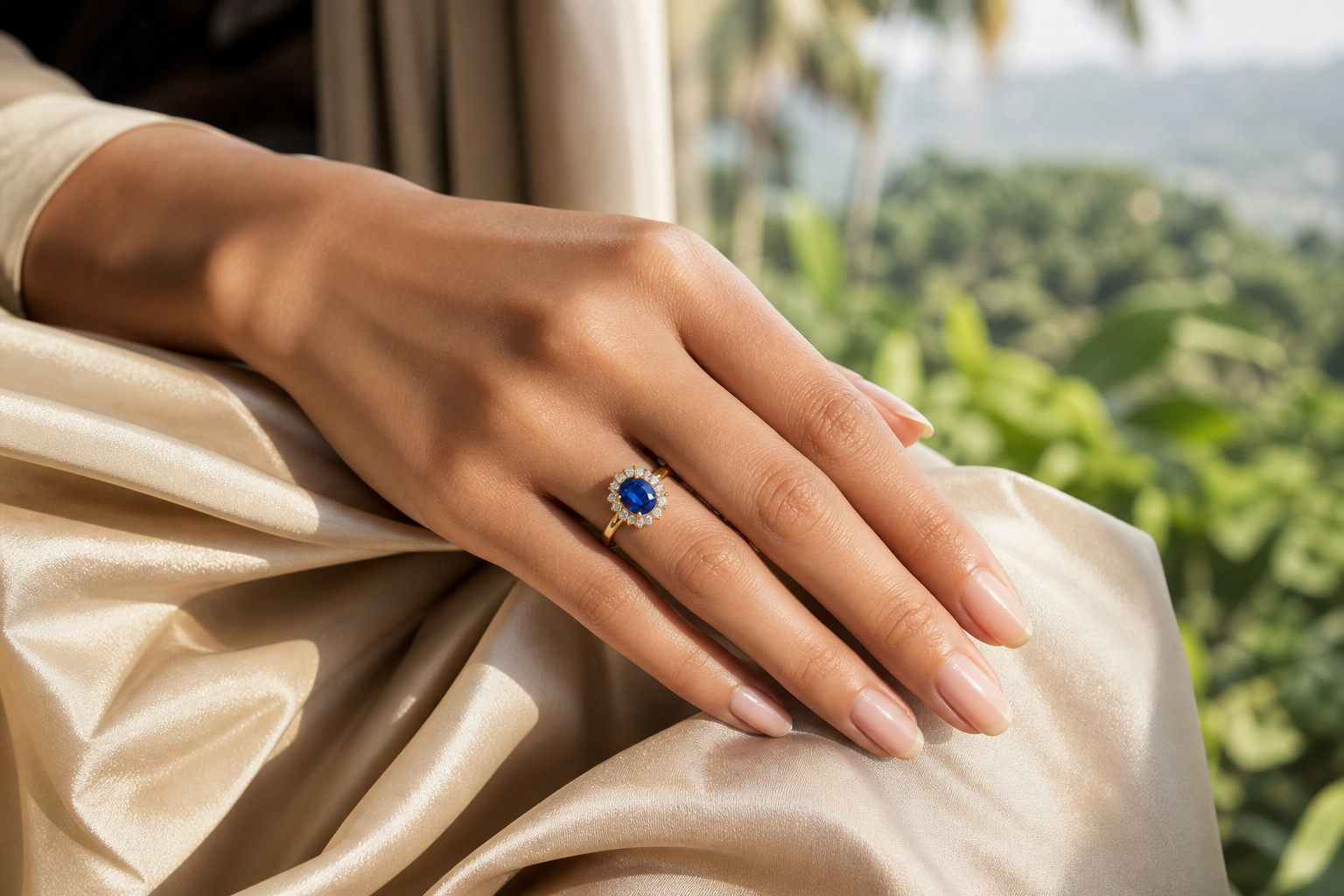 Ceylon blue sapphire and diamond halo ring worn on the hand, resting on cream silk