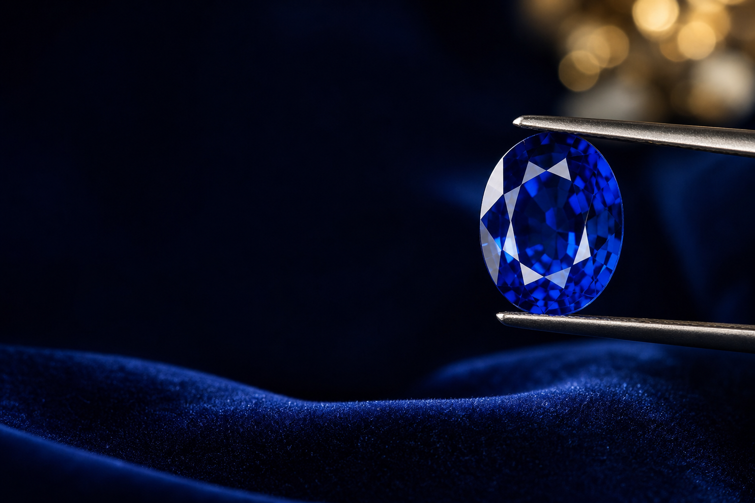 A certified oval-cut Ceylon blue sapphire held in jeweller's tweezers